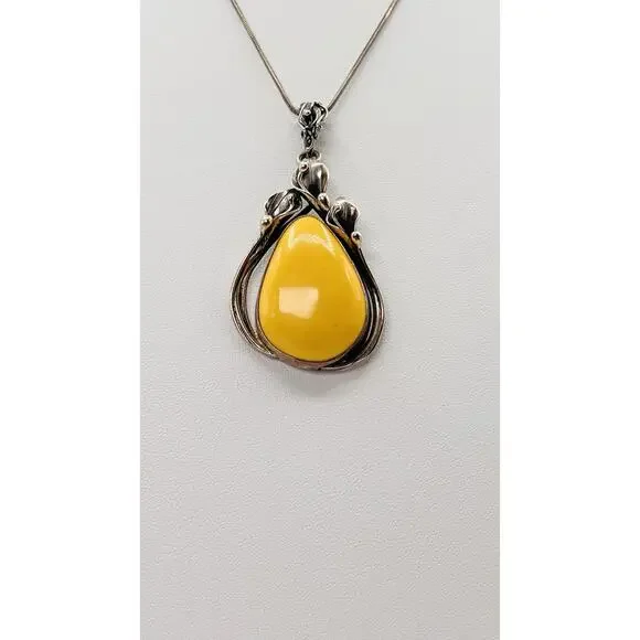SZ Vintage Teardrop Baltic Yellow Yoke Amber Lily Frame Pendant Only Silver 925